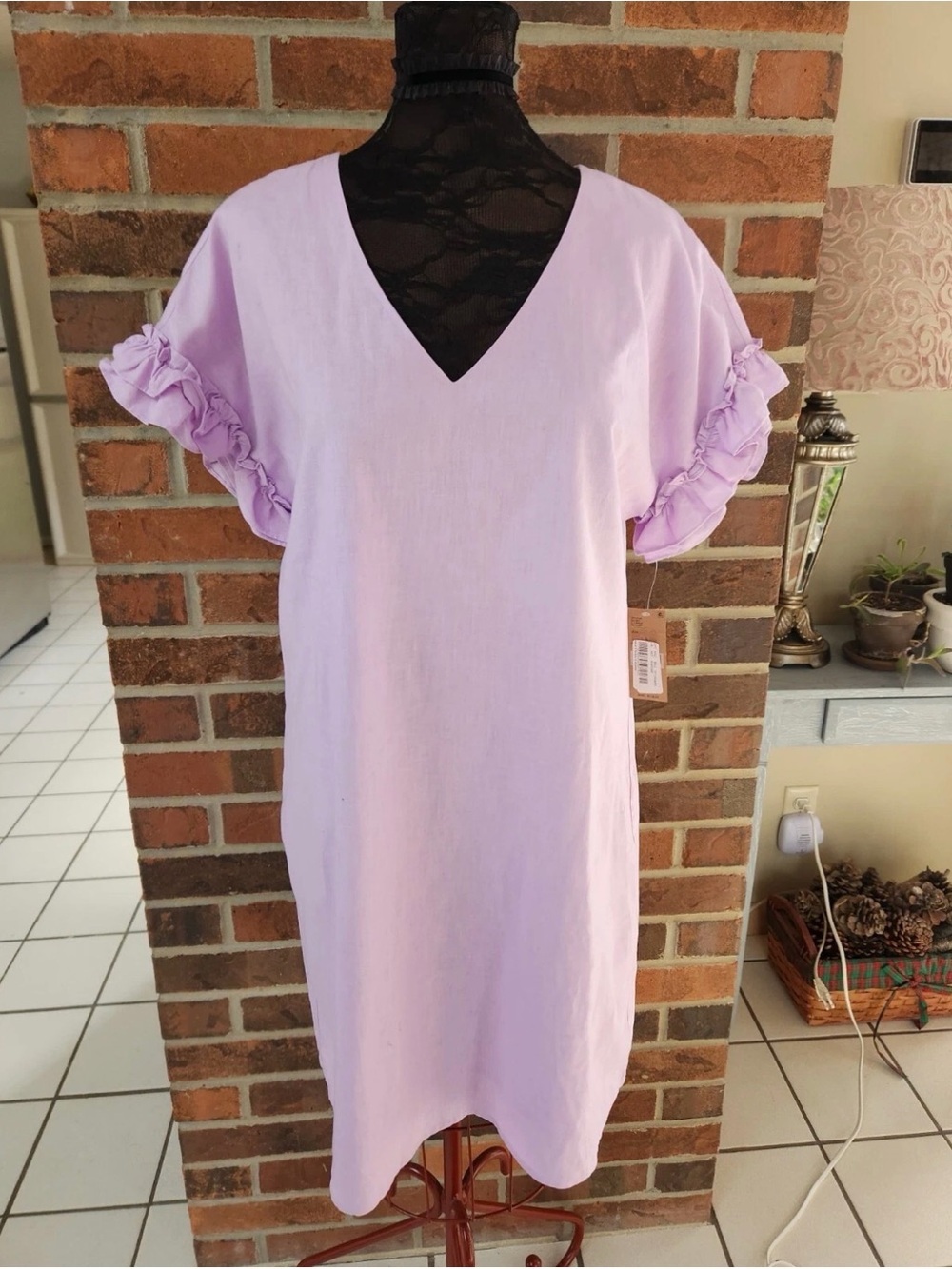 Daniel Cremieux Lilac V-Neck Linen Blend Dress with Ruffle Sleeves